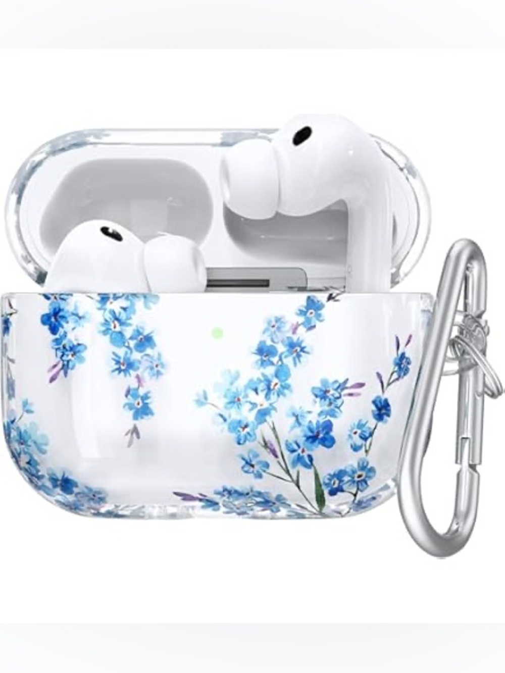 Source Unknown Clear AirPods Case with Blue Floral Design and Silver Carabiner